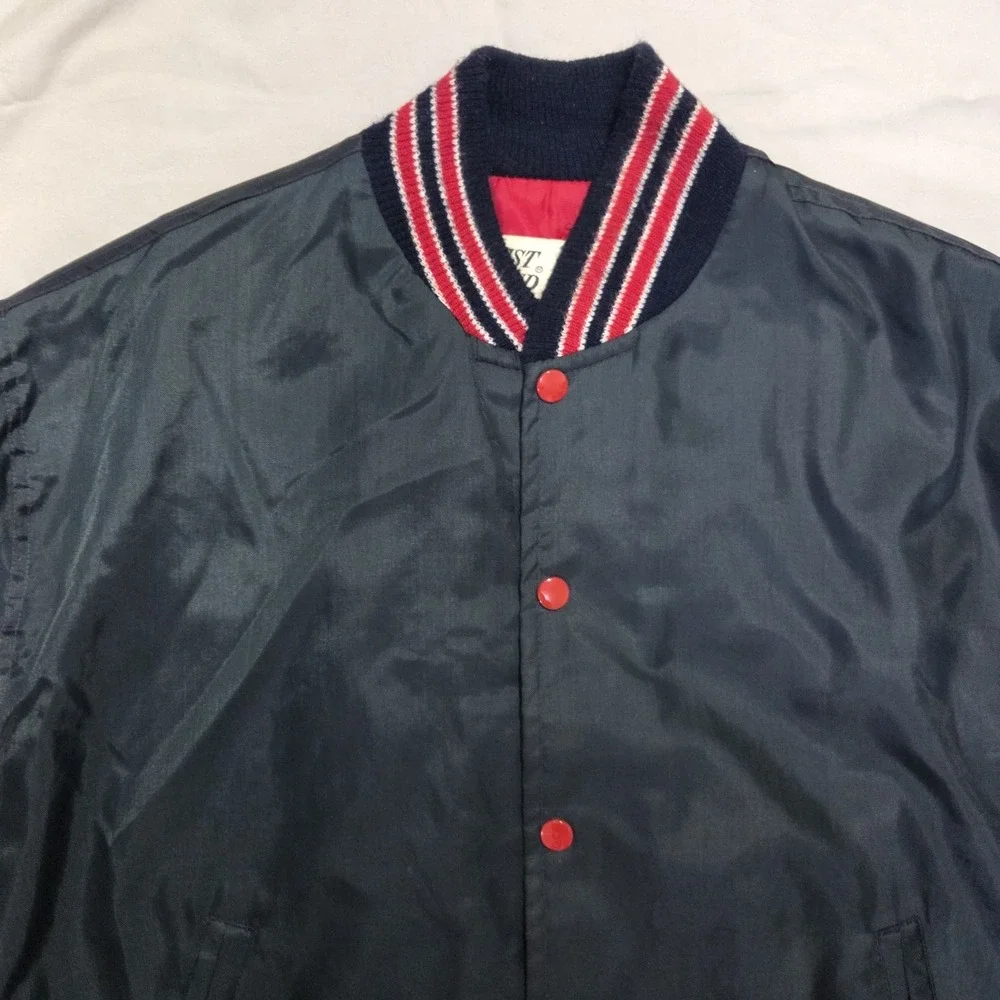 VTG West Wind Buccaneer Snap Bomber Varsity Jacket Sz Medium Black/Red Satin EUC